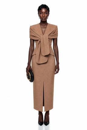 Fahire Brown Plunge Neck Midi Dress with SelfTie