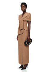 Fahire Brown Plunge Neck Midi Dress with SelfTie