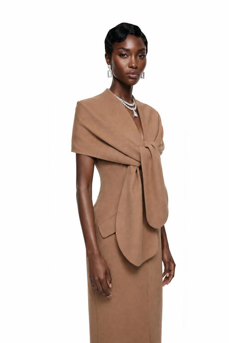 Emma Midi Dress Brown Plunge Neck with Self-Tie