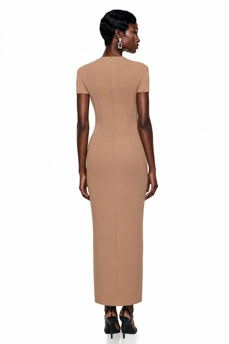Emma Midi Dress Brown Plunge Neck with Self-Tie