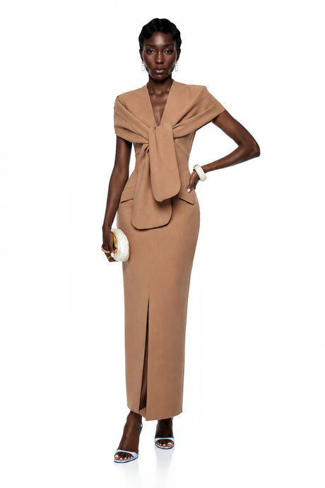 Emma Midi Dress Brown Plunge Neck with Self-Tie