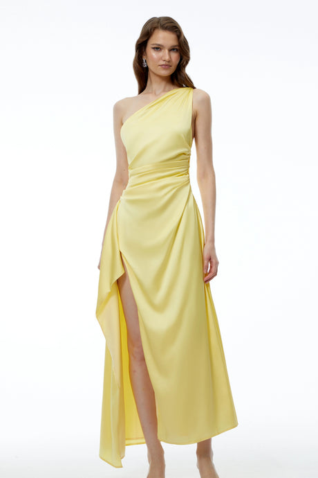 Rita Maxi Dress Yellow One Shoulder with High Slit