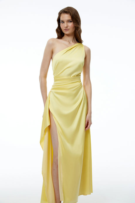 Rita Maxi Dress Yellow One Shoulder with High Slit