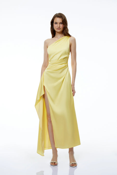 Rita Maxi Dress Yellow One Shoulder with High Slit