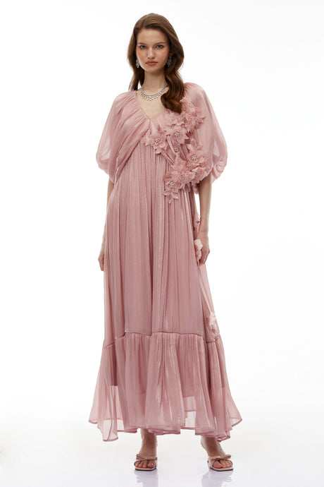 Massimiliana Maxi Dress Pink Ruched with 3D Florals