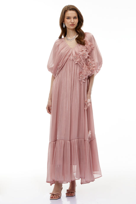 Massimiliana Maxi Dress Pink Ruched with 3D Florals