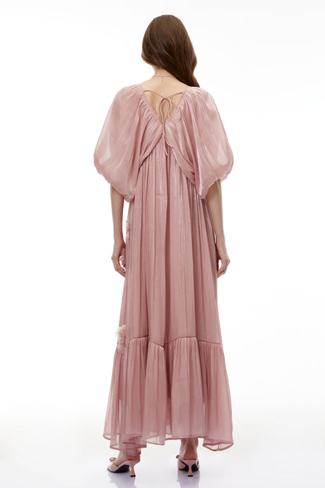Massimiliana Maxi Dress Pink Ruched with 3D Florals