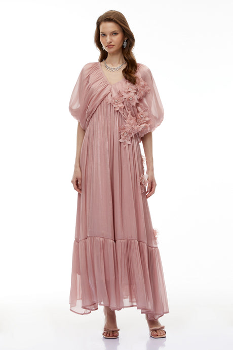 Massimiliana Maxi Dress Pink Ruched with 3D Florals