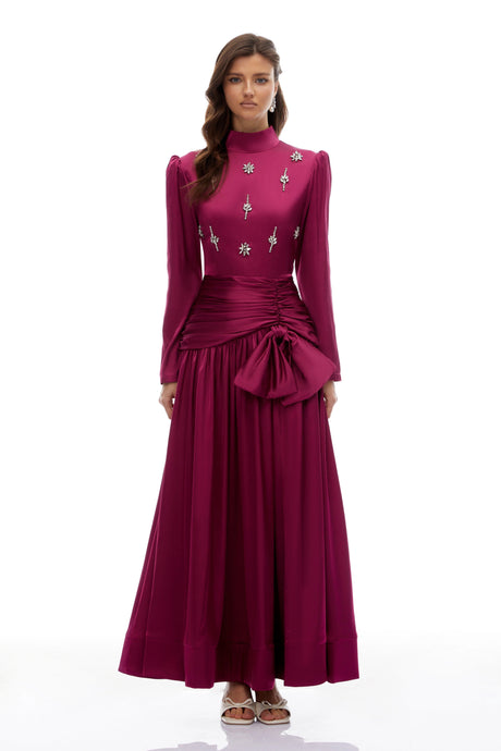 Donatella Maxi Dress Rose Purple Bow Ruched