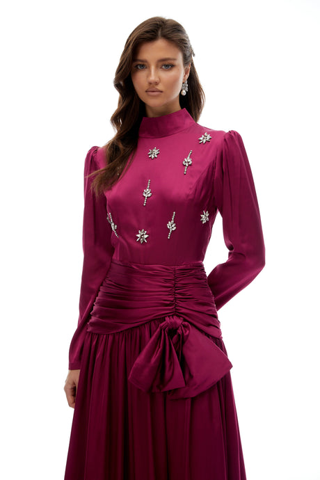 Donatella Maxi Dress Rose Purple Bow Ruched