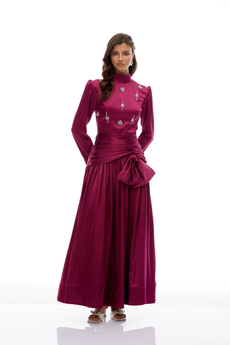 Donatella Maxi Dress Rose Purple Bow Ruched