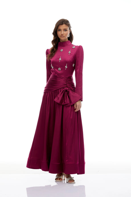 Donatella Maxi Dress Rose Purple Bow Ruched