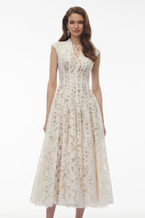 Fariba White VNeck Floral Lace Maxi Dress