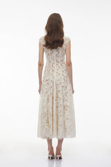 Fariba White VNeck Floral Lace Maxi Dress