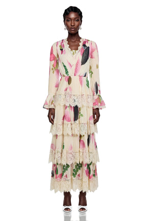 Farnaz Cream Floral Print Maxi Dress with Lace Trim