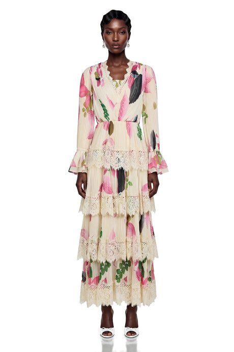 Viola Maxi Dress Cream Floral Print with Lace Trim