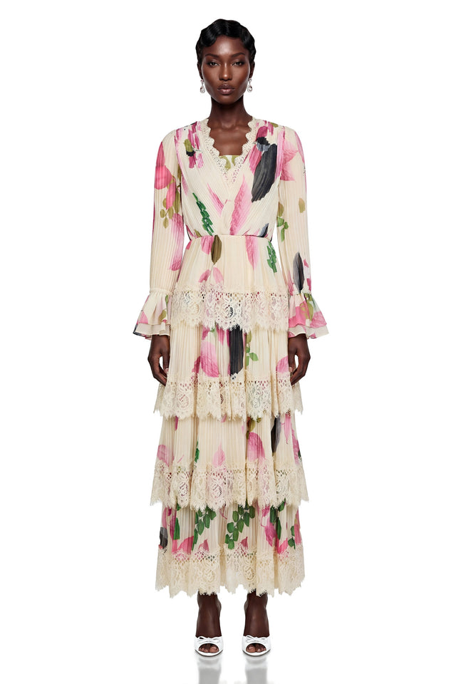 Farnaz Cream Floral Print Maxi Dress with Lace Trim