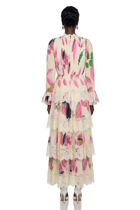 Viola Maxi Dress Cream Floral Print with Lace Trim