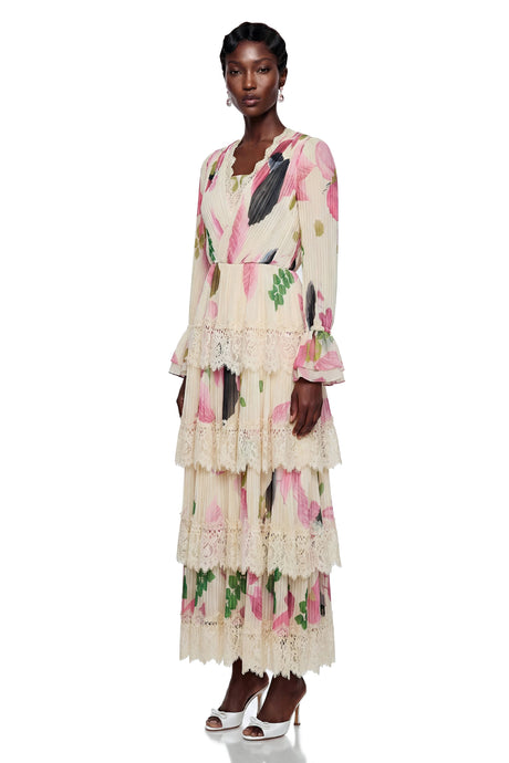Viola Maxi Dress Cream Floral Print with Lace Trim
