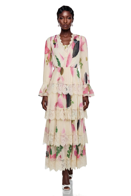 Viola Maxi Dress Cream Floral Print with Lace Trim