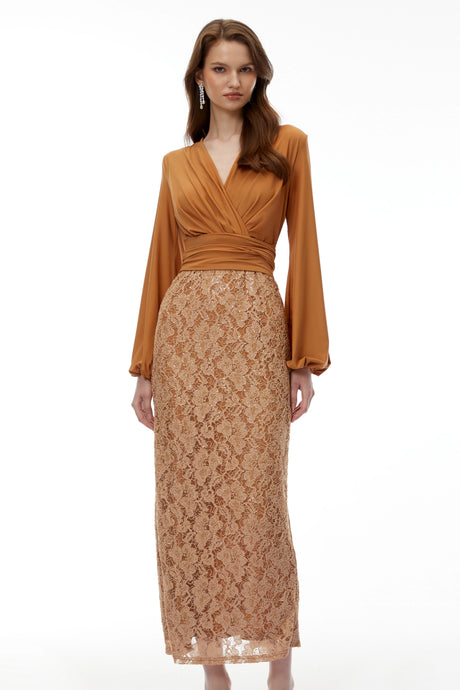 Leslie Maxi Dress Brown Plunge Neck Lace