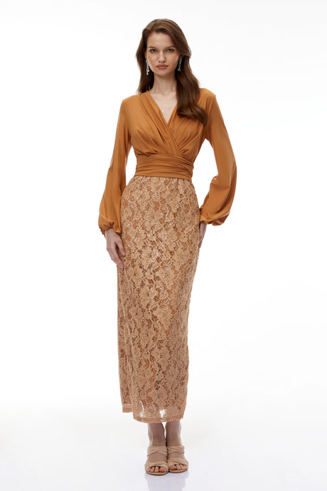 Leslie Maxi Dress Brown Plunge Neck Lace