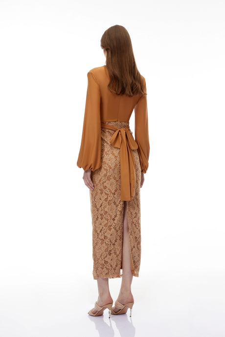 Leslie Maxi Dress Brown Plunge Neck Lace