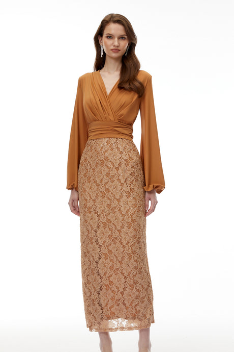 Leslie Maxi Dress Brown Plunge Neck Lace