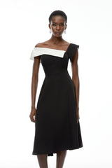 Faustine Black Asymmetrical Color Block Midi Dress