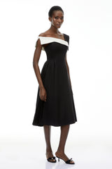 Faustine Black Asymmetrical Color Block Midi Dress