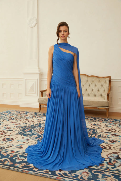 Lylah Maxi Dress Blue Cape Design Ruched