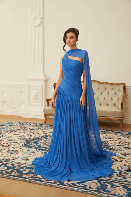 Lylah Maxi Dress Blue Cape Design Ruched