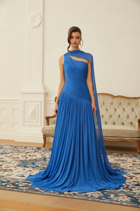 Lylah Maxi Dress Blue Cape Design Ruched