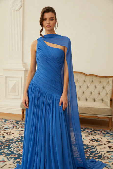 Lylah Maxi Dress Blue Cape Design Ruched