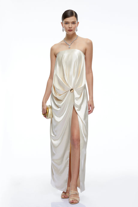 Antonietta Maxi Dress Champagne Satin Strapless with Slit