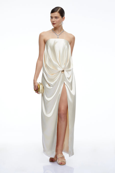Antonietta Maxi Dress Champagne Satin Strapless with Slit