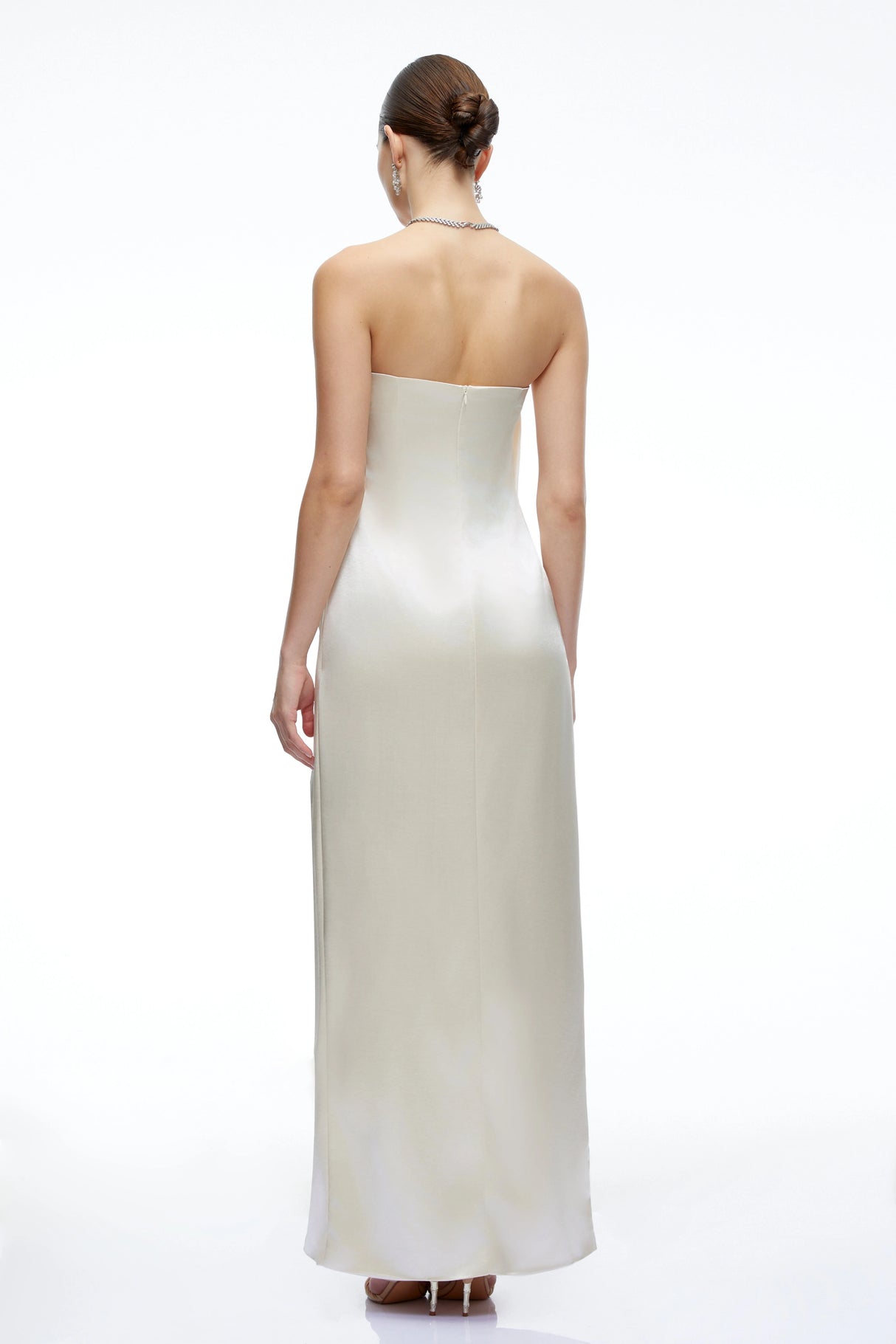 Faustine Champagne Satin Strapless Maxi Dress with Slit