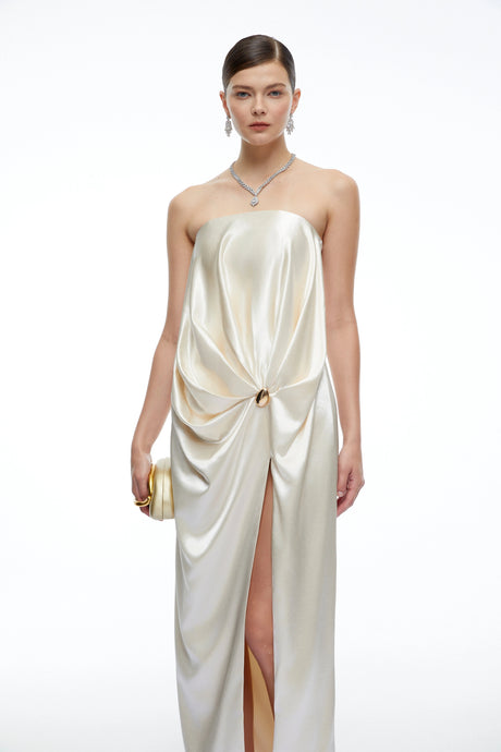 Antonietta Maxi Dress Champagne Satin Strapless with Slit