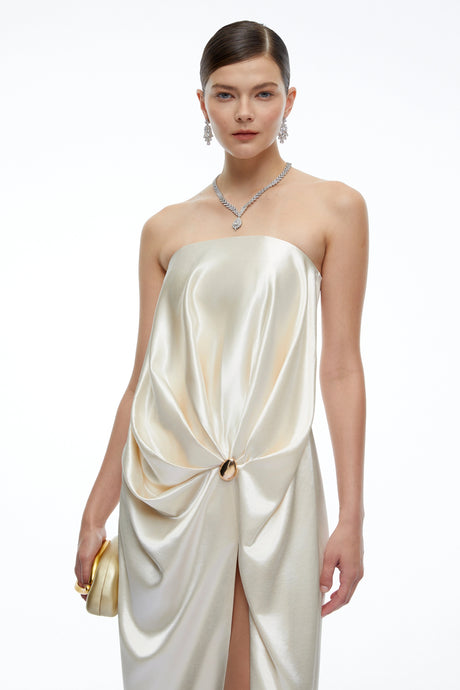 Antonietta Maxi Dress Champagne Satin Strapless with Slit