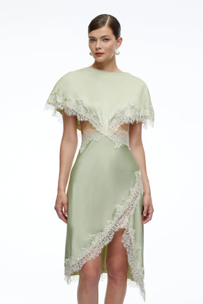 Faye Green Asymmetrical Midi Dress With Lace Trim