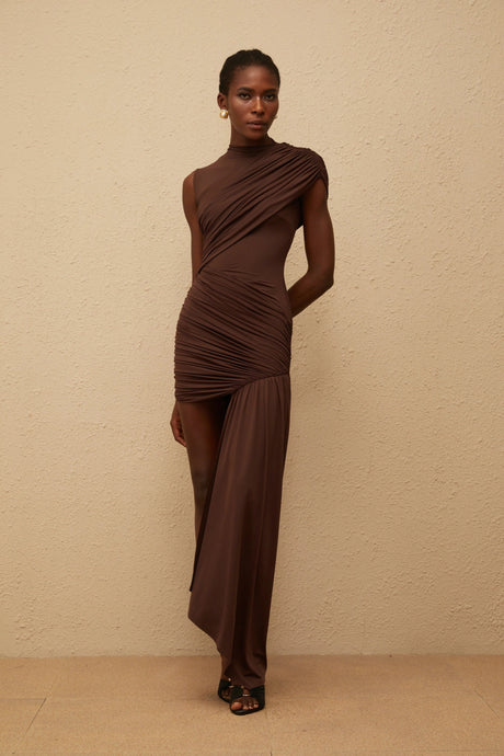 Selena Mini Dress Brown Asymmetrical Ruched