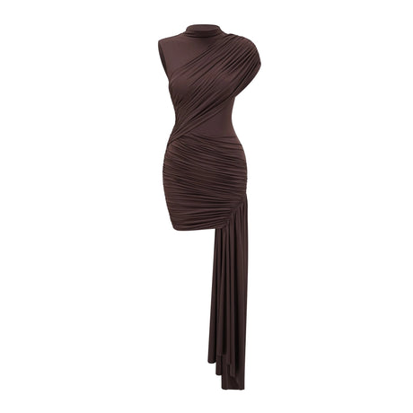 Selena Mini Dress Brown Asymmetrical Ruched