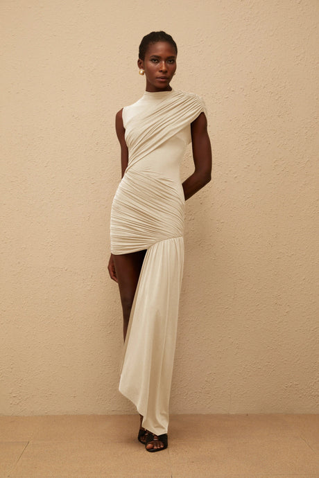 Zuri Mini Dress Neutral Asymmetrical Ruched