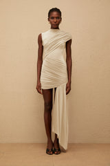 Fée Neutral Asymmetrical Ruched Mini Dress