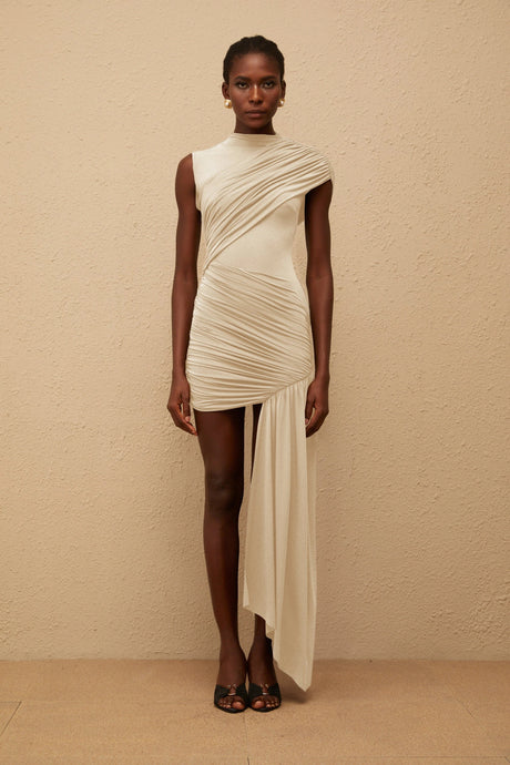 Zuri Mini Dress Neutral Asymmetrical Ruched