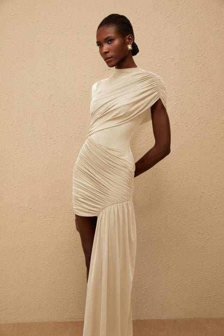 Zuri Mini Dress Neutral Asymmetrical Ruched