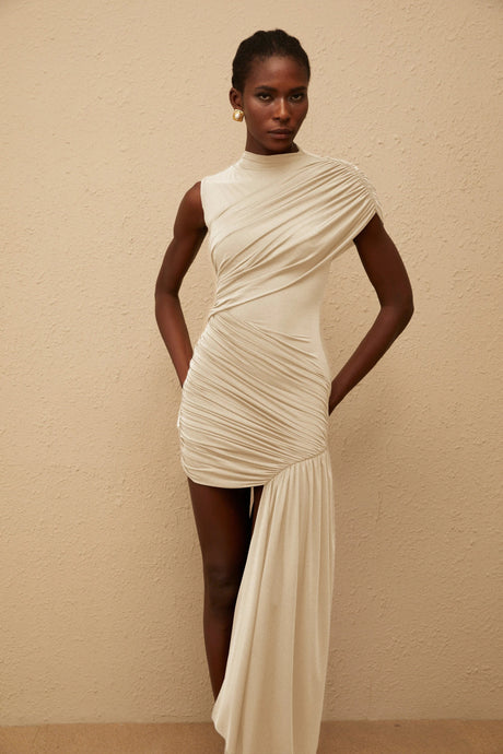 Zuri Mini Dress Neutral Asymmetrical Ruched