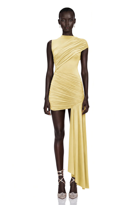 Heaven Mini Dress Yellow Asymmetrical Ruched