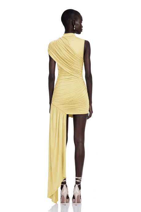 Heaven Mini Dress Yellow Asymmetrical Ruched