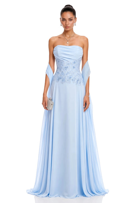 Kara Maxi Dress Blue Ruched With Cape